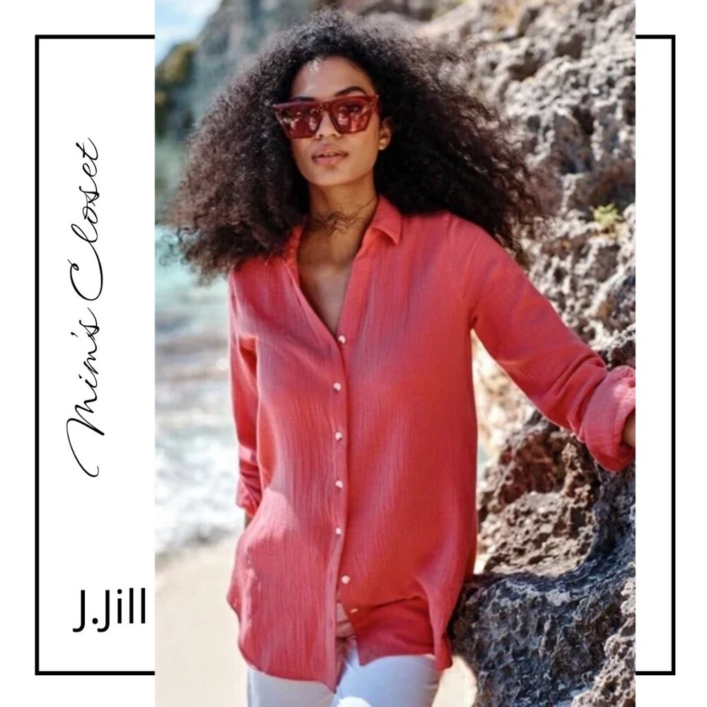 J.JILL 100% Cotton Gauze A-Line V-Neck Long Sleeve Button-up Tunic